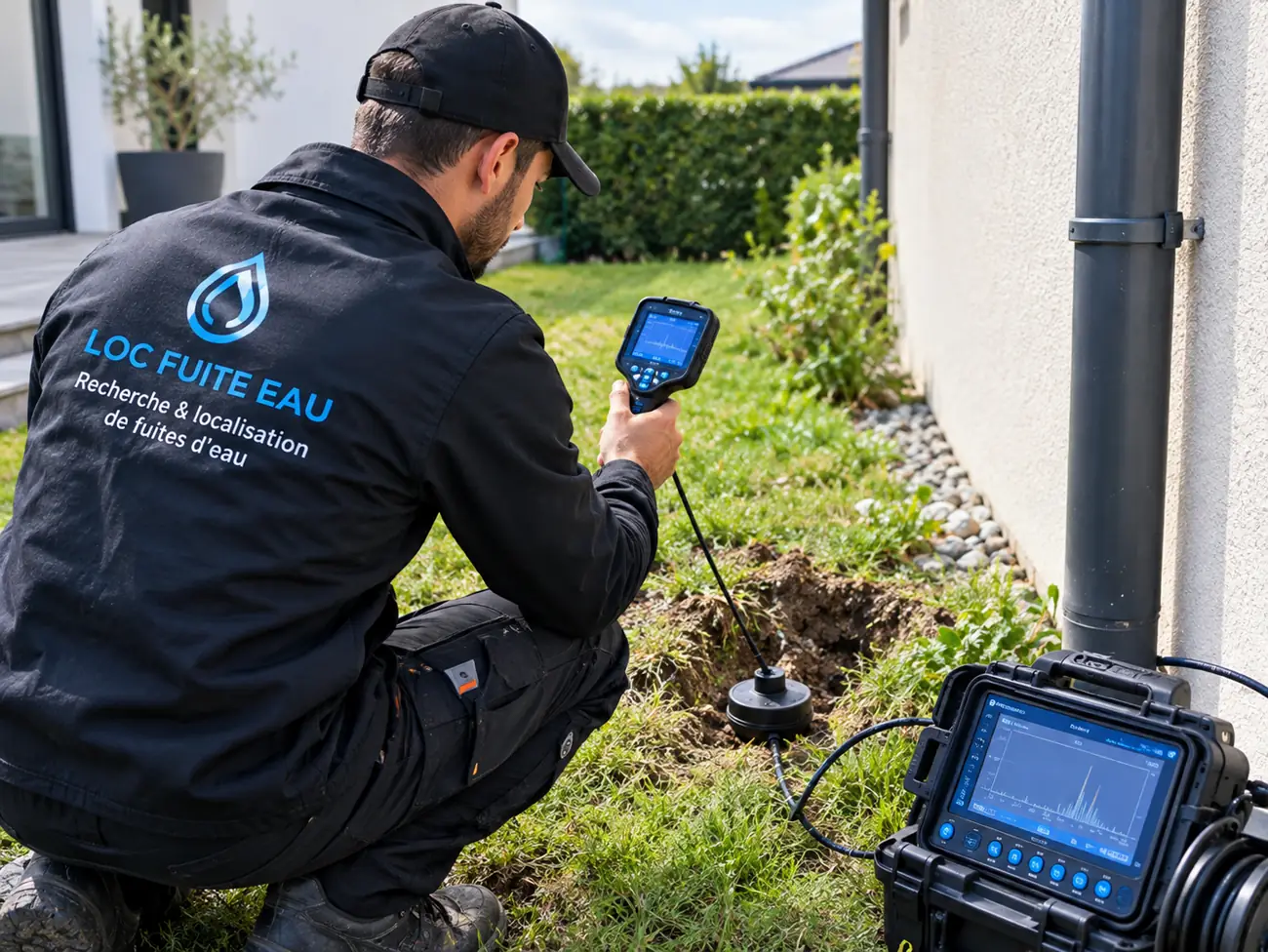 Technicien LOC FUITE EAU en recherche de fuite dans un jardin, avec son détecteur